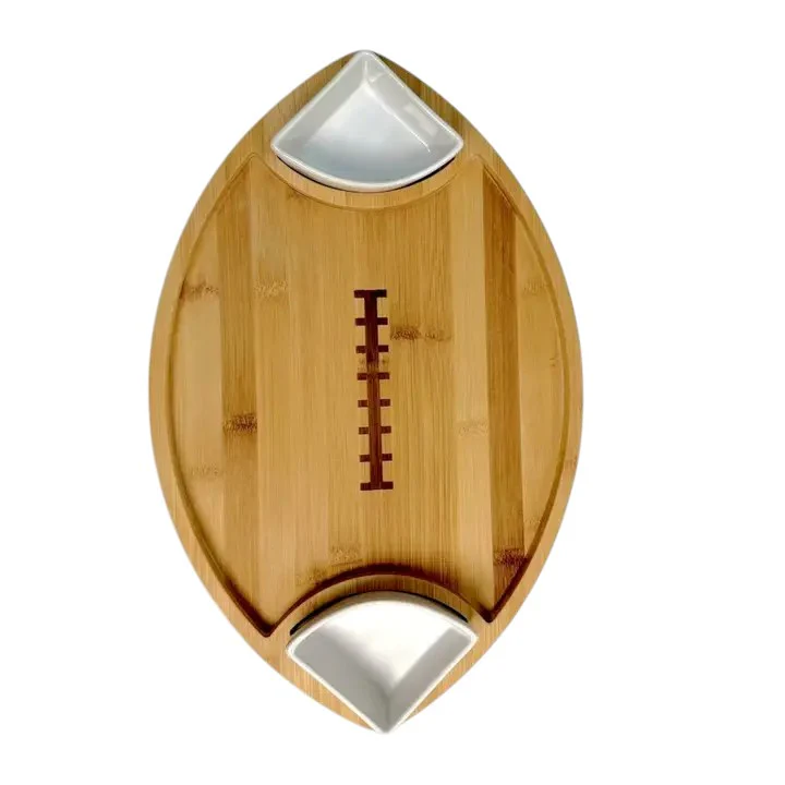 3PC Football Shape Bamboo Serving Tray with 2 Ceramic Dip Bowls