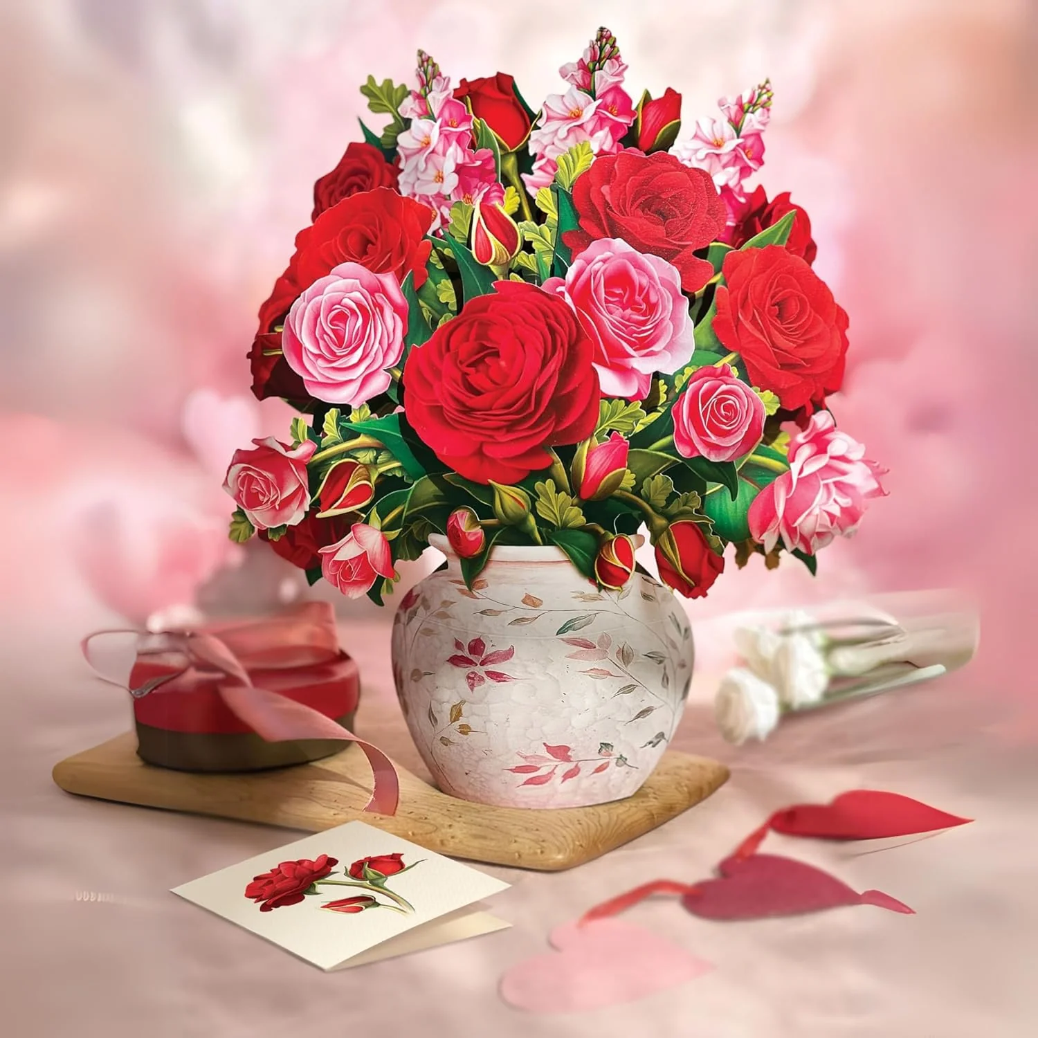 Blooming Roses 3D Pop-Up Bouquet Card – Red & Pink Paper Flower Arrangement