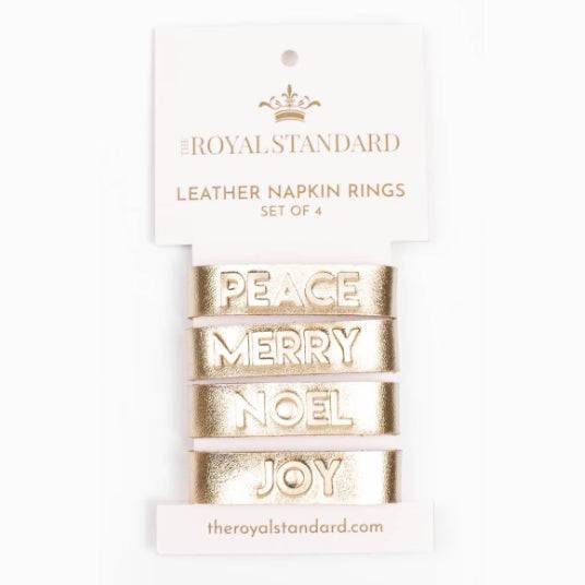 Christmas Tidings Embossed Gold Leather Napkin Rings