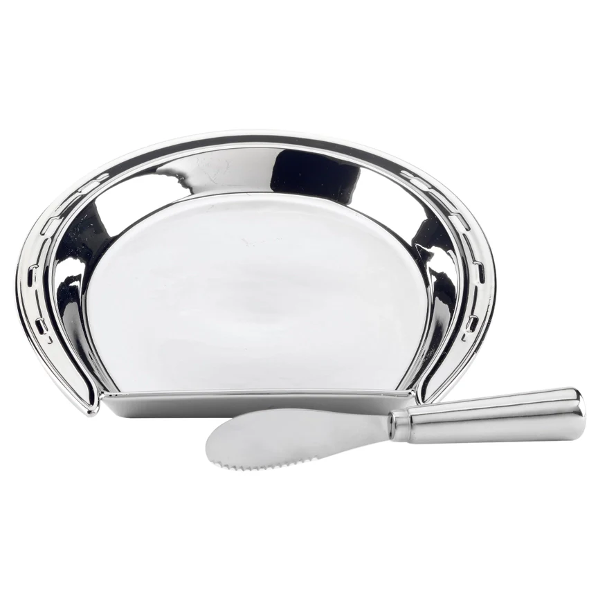 Day at the Races Silver Coast Horseshoe Cheese Plate with Knife