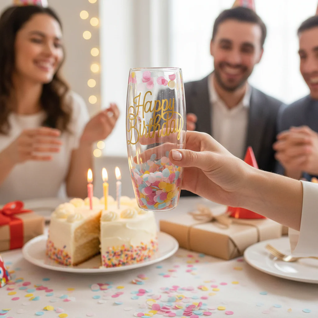 Double-Wall Champagne Glass - Happy Birthday Confetti | 8oz Stemless Flute - Image 2
