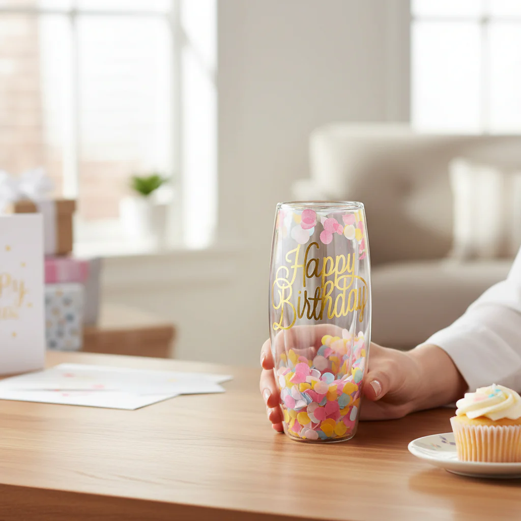 Double-Wall Champagne Glass - Happy Birthday Confetti | 8oz Stemless Flute - Image 3