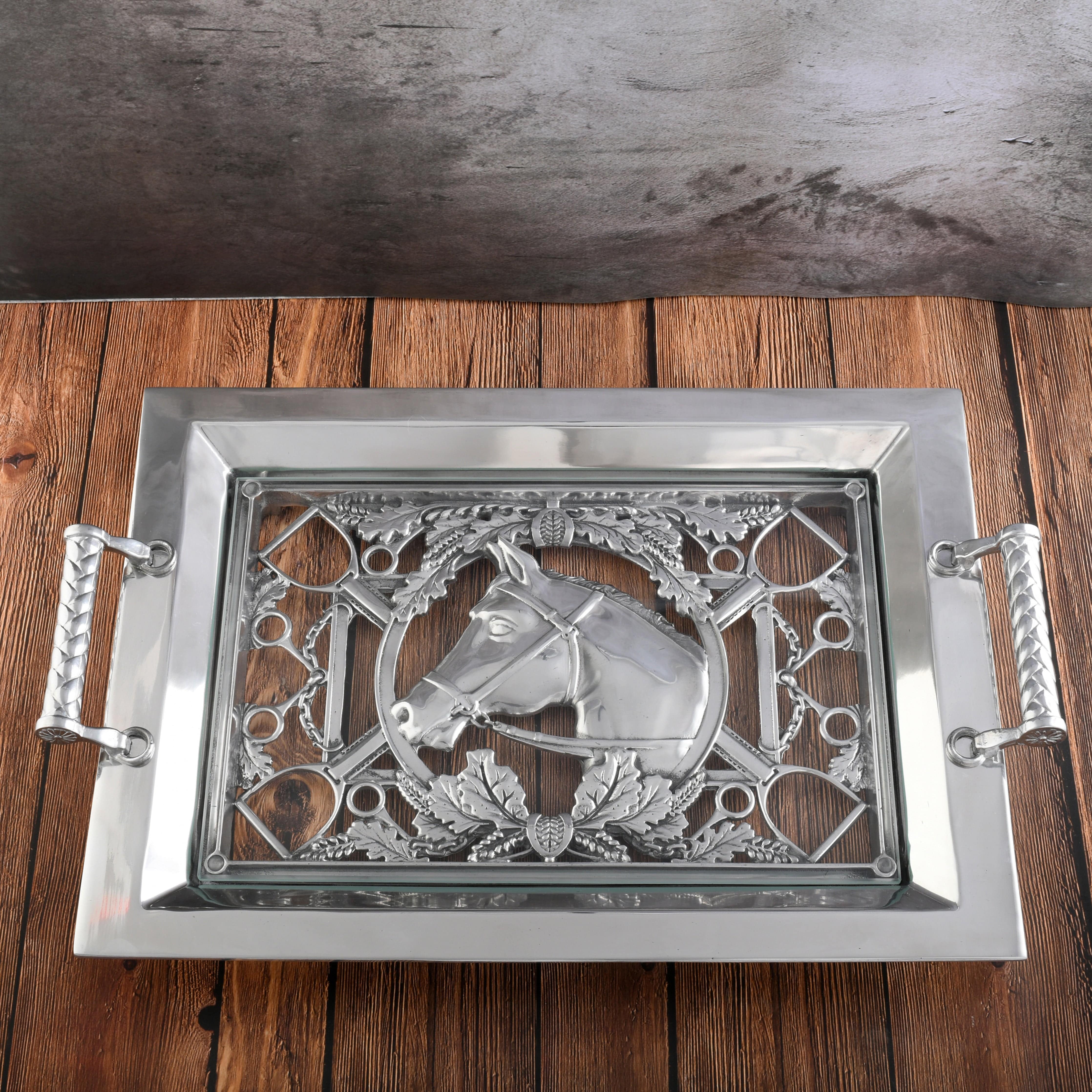 Equestrian Horse Glass Top Serving Tray – 20.25″ × 13.25″ Aluminum & Glass