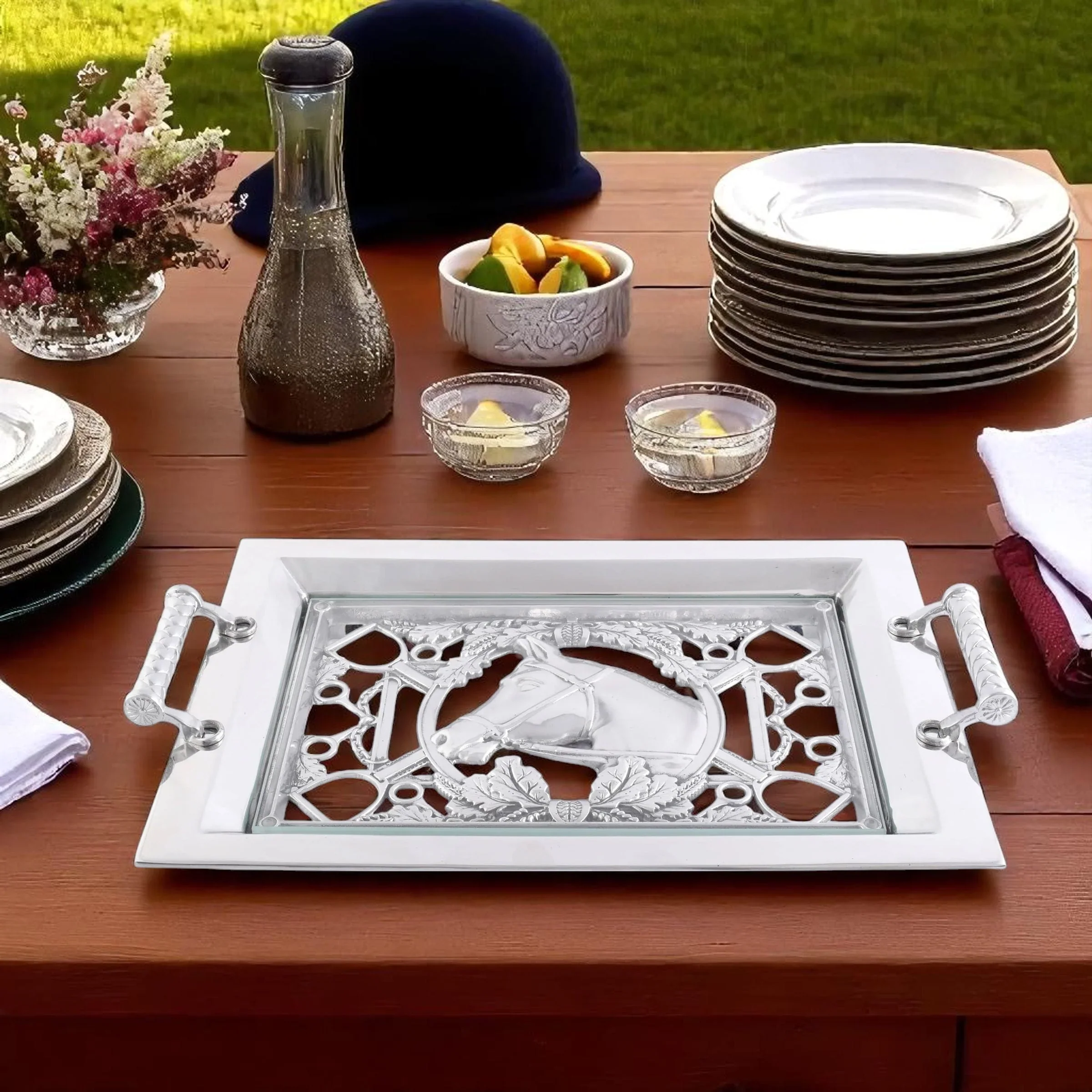 Equestrian Horse Glass Top Serving Tray – 20.25″ × 13.25″ Aluminum & Glass - Image 3