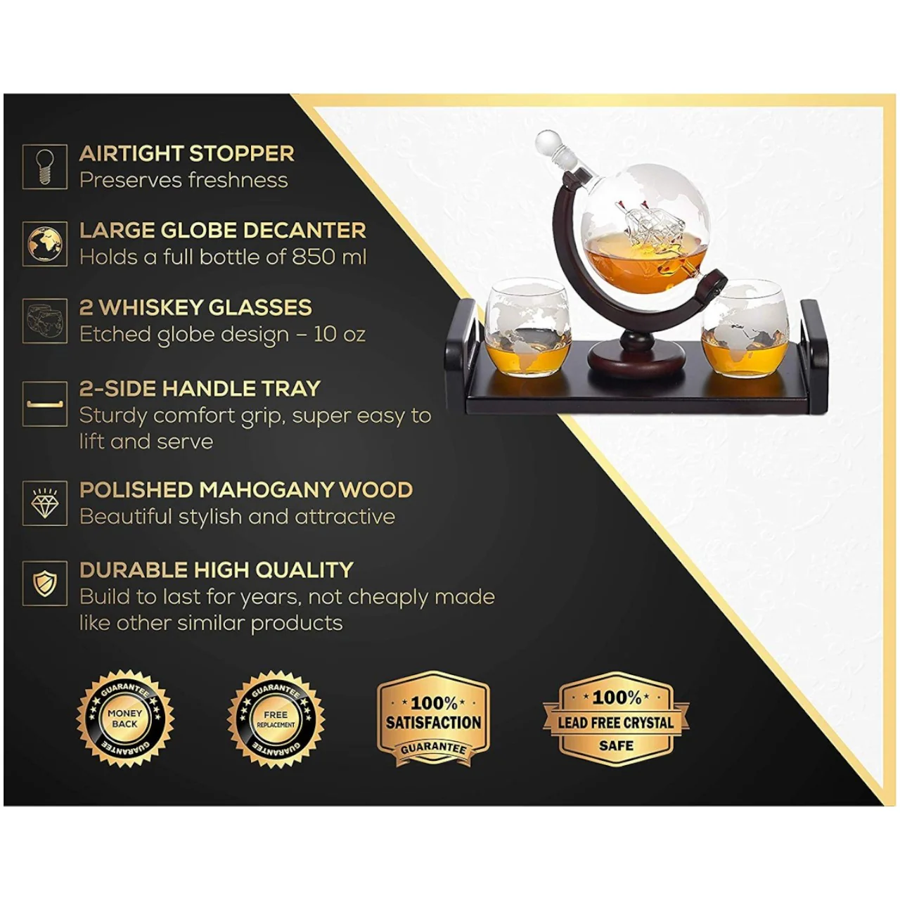 Globe Whiskey Decanter Set with Etched Glasses | Home Bar Gift Set - Image 3
