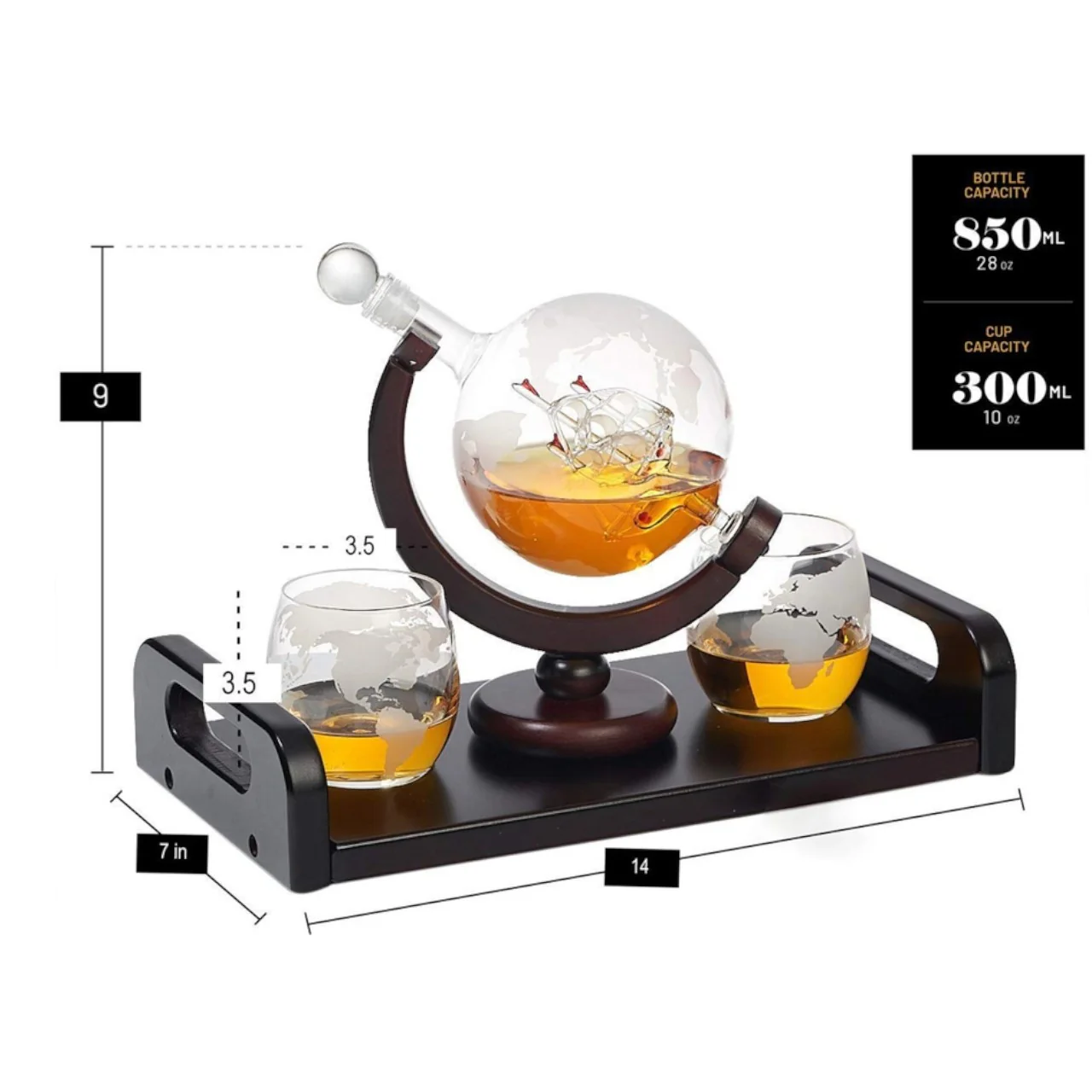Globe Whiskey Decanter Set with Etched Glasses | Home Bar Gift Set - Image 4