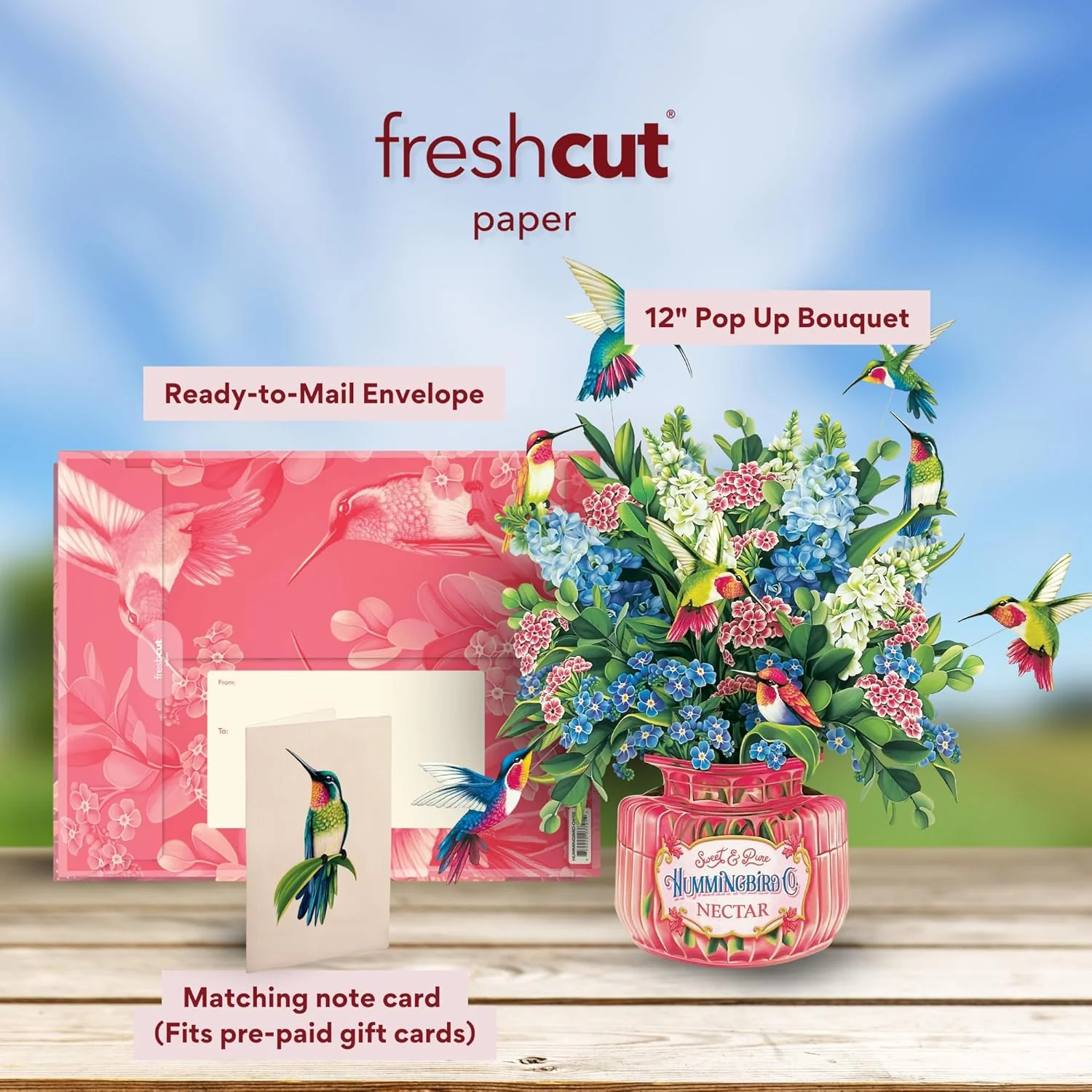 Hummingbird Oasis 3D Pop‑Up Bouquet Card – Paper Flowers & Fluttering Hummingbirds - Image 3