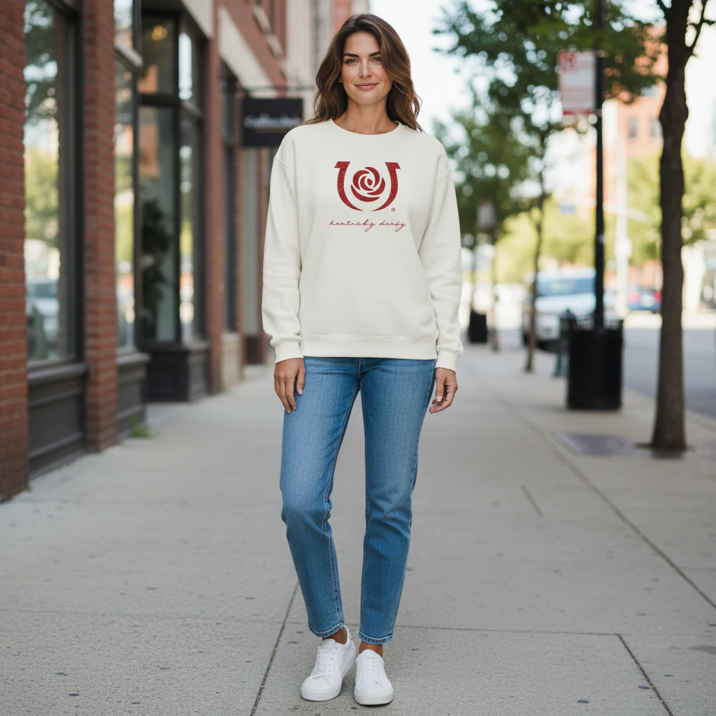 Kentucky Derby 152 Corduroy Crew Neck Sweatshirt | Glitter Rose & Horseshoe Logo - Image 2