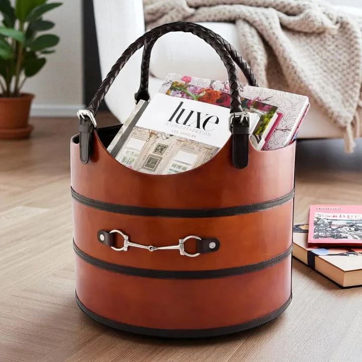 Leather Bit Magazine Basket – Handcrafted Real Leather with Pewter Equestrian Bit