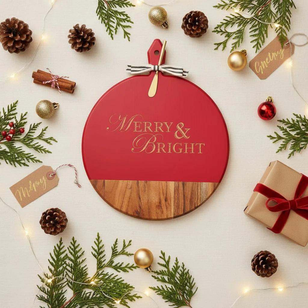 Merry & Bright Acacia Heirloom Board – Round, Red, with Gold Spreader & Ribbon - Image 3