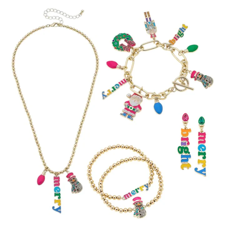Merry & Bright Holiday Jewelry – Charm Bracelet, Earrings, Necklace, or Bracelet Set