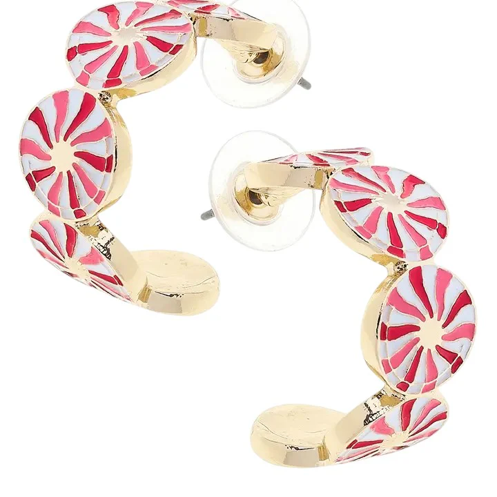 Peppermint Enamel Jewelry – Hoop Earrings or Hinge Bangle (Red & White) - Image 3