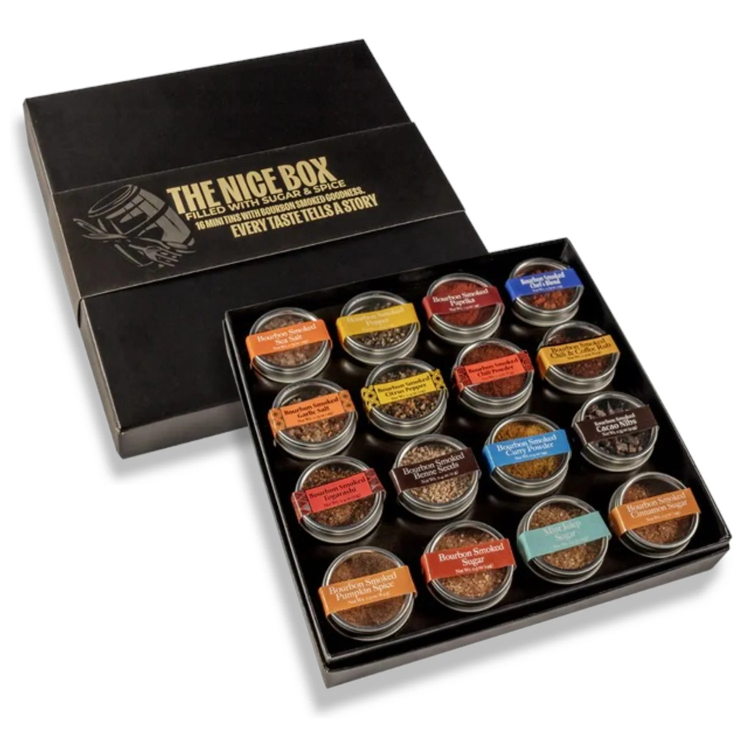 The Nice Box | 16 Mini Tins of Bourbon Smoked Sugar & Spice